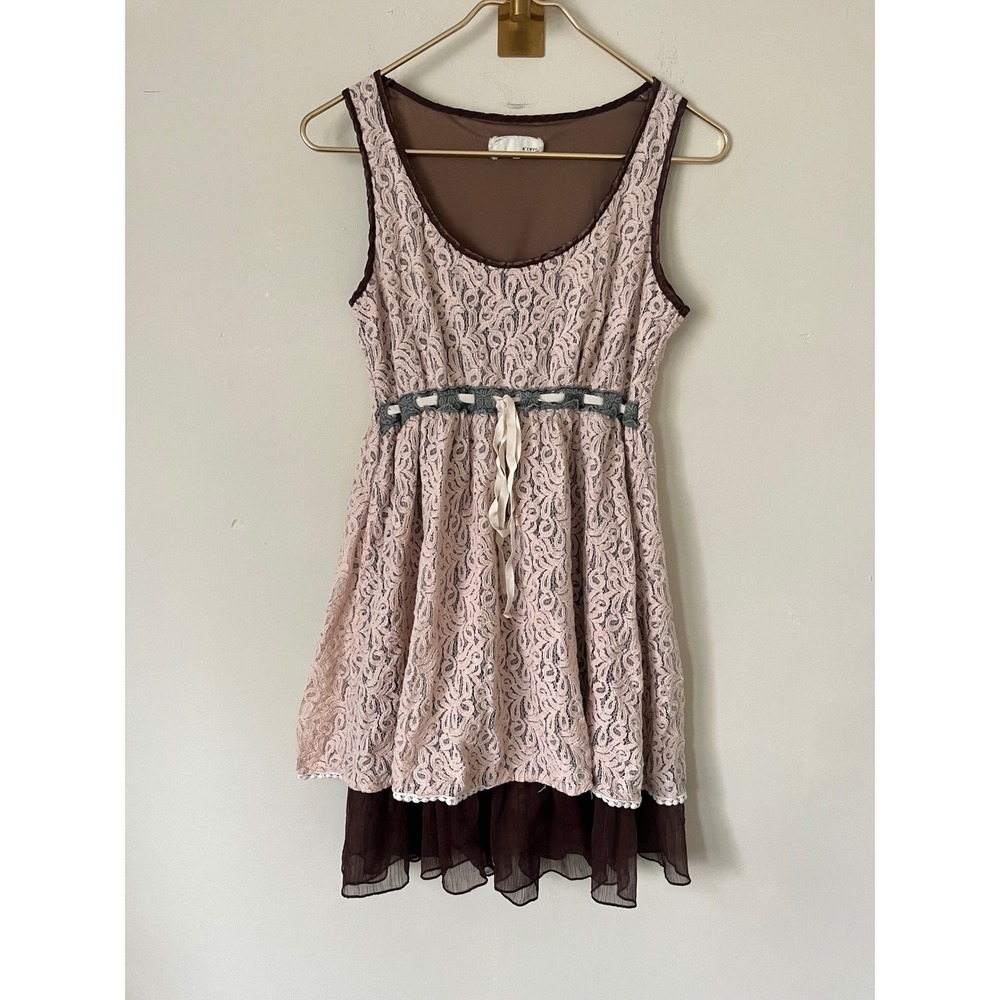 A'reve Pink Floral Lace Layered Cottagecore Mini Dress Brown Ruffle Trim Small